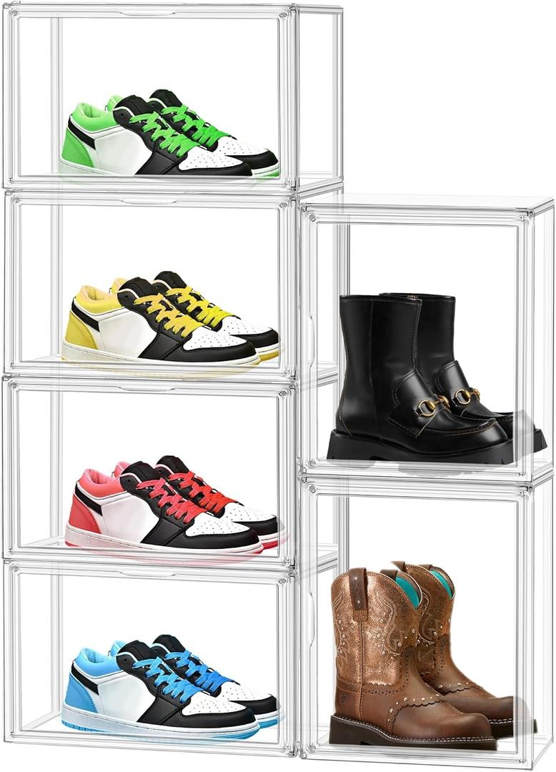 X-Large Clear Shoe Storage Box Stackable Shoes Box Acrylic Sneaker Display Case Shoe Boots Organizer with Lid, 6 Pack