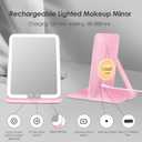 ESWU Travel Makeup Mirror with Light, Portable Folding Make Up Tabletop Mirrors with 10X Magnifying Mirror Rechargable 3 Colors Light Compact Vanity Mirror with Adjustable Stand (Pink)