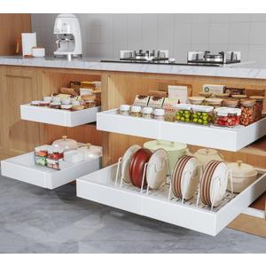 4Pack Expandable Pull Out Cabinet Organizer 21"Deep with Raising Pad for Framed Cabinets,Slide Out Drawers with 4pcs Divider Racks,Roll Out Shelves Adhesive,Adjustable Width 12.05"-20.4"White