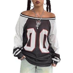 SHENHE Women's Oversized Graphic Jersey Shirt Y2k Off Shoulder Long Sleeve Top Streetwear (Medium, Black)