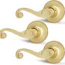 Satin Brass Door Knobs 3 Pack, Interior Dummy Door Handles for Left Side Door, Wave Door Levers for Closet/Pantry, Gold Door Knobs Without Key or Lock