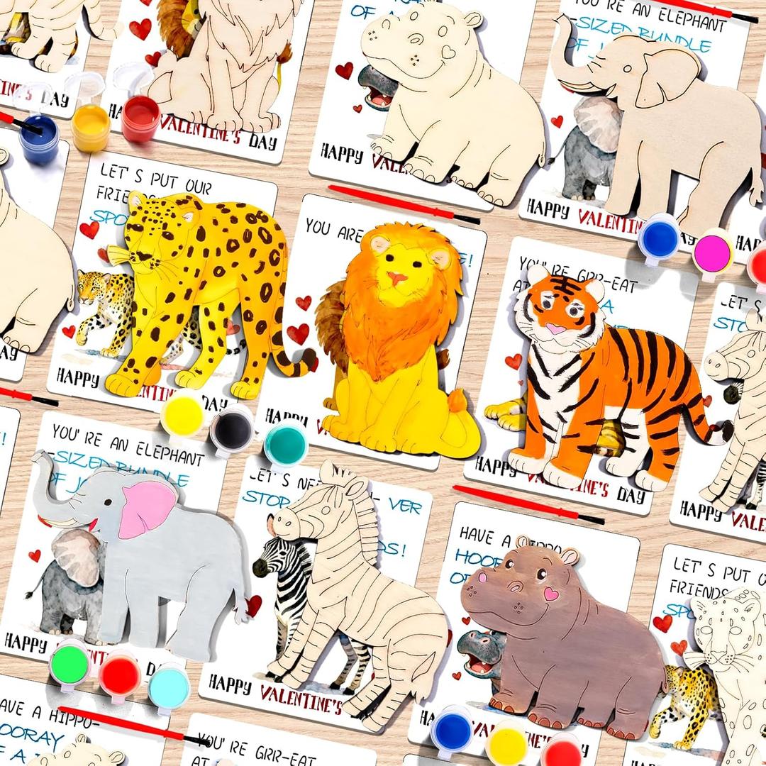 xFFFun Valentines Day Gifts for Kids - 28 PCS Safari Wood Craft Painting Kits with Valentine's Day Cards with Art Supplies for Classroom Kids Boys Girls Gifts Exchanges Valentines Party Favors