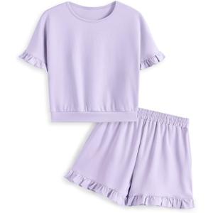 Girls Clothing 2 Piece Summer Set Short Sleeve Tops Shirts Baggy Shorts with Pockets Fashion Outfits for Kids (9-10 Years, Z-purple)