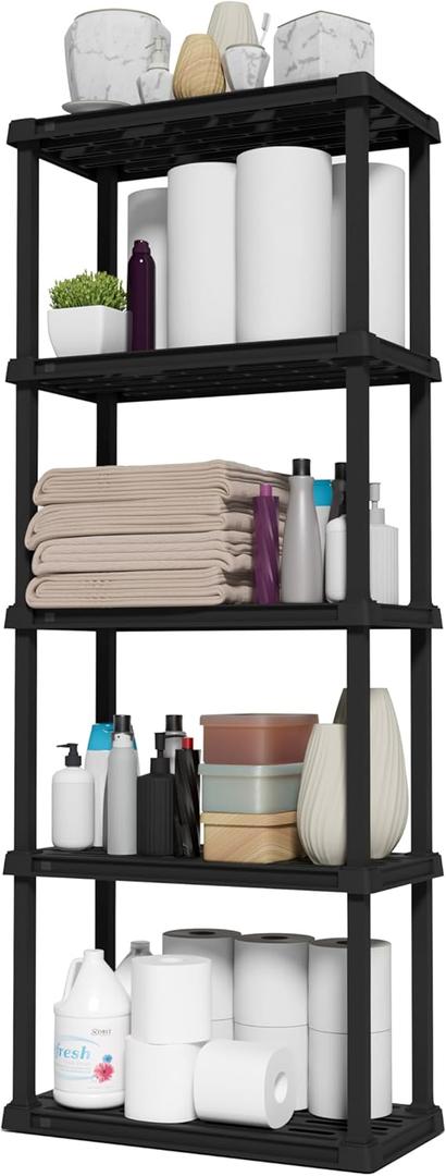 IRIS USA 5-Shelf Light Duty Plastic Storage Shelves, 250lb Capacity, 64"H x 24"W x 12"D, Medium Modular Shelving Unit Storage Organizer for Bathroom, Laundry, Garage & Home, Storage Rack - Black