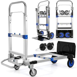 Upgraded 3 in 1 Aluminum Folding Hand Truck, 600 lbs Convertible Heavy Duty Dolly Cart, Collapsible Hand Trucks with 4 Rubber Wheels and Retractable Handle for Home, Warehouse, Supermarket(Blue)