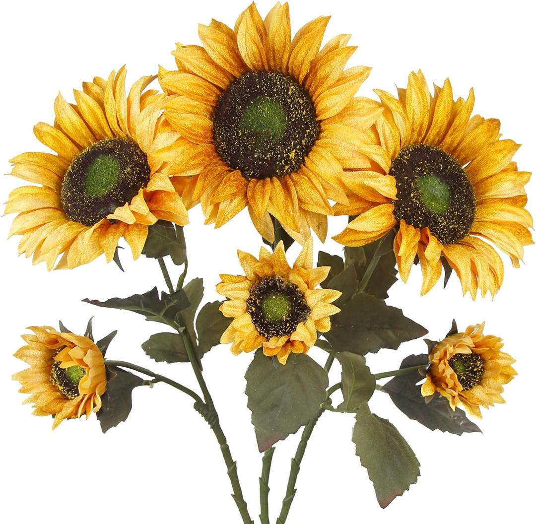 3 Pcs Sunflowers Artificial Flowers with Long Stems Silk Fake Large Sunflowers Decor Faux Sunflower Bouquet Floral Arrangement for Outdoor Indoor Summer Fall Wedding Party Table Centerpieces (Golden)