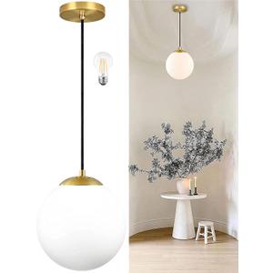 KoKo&Yukina 8 Inch Gold Modern Globe Pendant Light White Glass with Brass Finish Contemporary Mid Century Adjustable Hanging Light Fixture for Living Room Bedroom Bathroom Kitchen (Bulb Incl.)