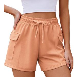 PINSPARK Sweat Short Womens Soft Comfy Summer Shorts Workout Athletic Wear Elastic High Waisted Cargo Pockets, Peach Fuzz, Large