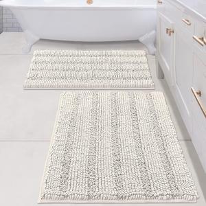 H.VERSAILTEX 2 Piece Bathroom Set - Super Absorbent Chenille Striped Bath Mats, Non Skid, Machine Washable (Cream, 24 x 36 Plus 20 x 32 - Inches)