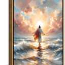 Framed Jesus Walking on Water Canvas Wall Art Christian Spiritual Divine Light Painting Picture Wall Decor Modern Religious Faith Poster Print Artwork for Church Prayer Room Bedroom Home Decoration, 24"L x 16"W