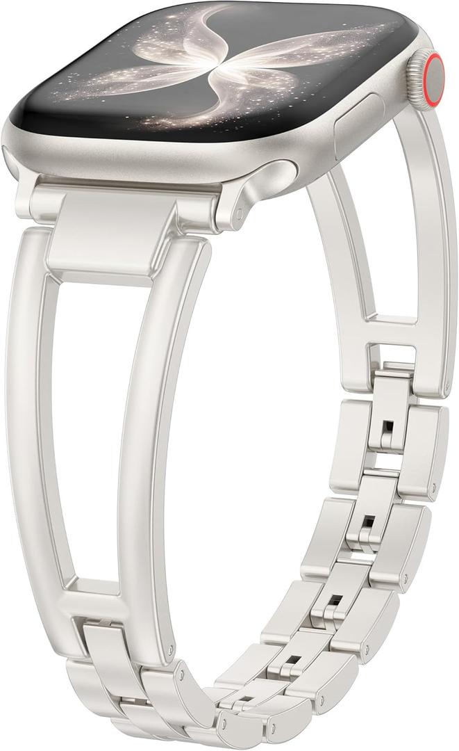 Wearlizer Compatible with Apple Watch Band 49/46/45/44/42mm(Series 3 2 1) Women, Dressy Fancy Stainless Steel Metal Strap Pretty Slim Designer Bracelet for iWatch Series 11 10 9 8 7 6 5 4 SE/Ultra 3 2 1 (Starlight)