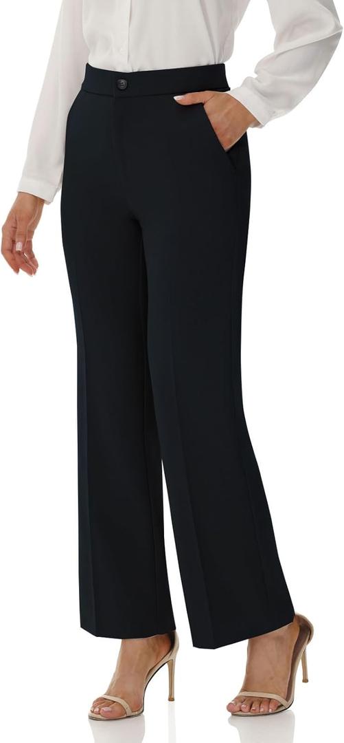 Soojun Women's Flat Front Wide Leg Pants Business Casual Trousers Office (Black)
