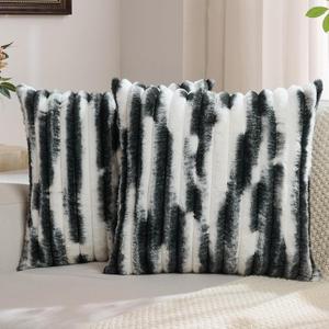 FUTEI Pack of 2 Faux Fur Plush Throw Pillow Covers 20x20 Inch Soft Tie Dye Striped Textured Farmhouse Decorative Cushion Covers Modern Home Decor for Couch Bed Living Room, Black White