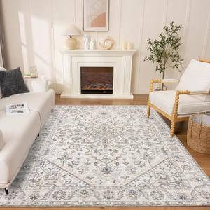5'x7' Area Rugs for Living Room - Machine Washable Beige Boho Bedroom Rugs with Rubber Backing - Oriental Large Indoor Soft Floor Carpet for Dining Room Under Table Home Office (Ivory)
