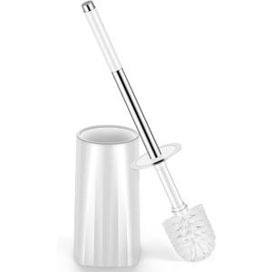 Toilet Brush and Holder Set, Compact Toilet Bowl Brush with Stainless Steel Handle, Hard Bristles, Drip-Proof, Easy to Assemble, Deep Cleaning White