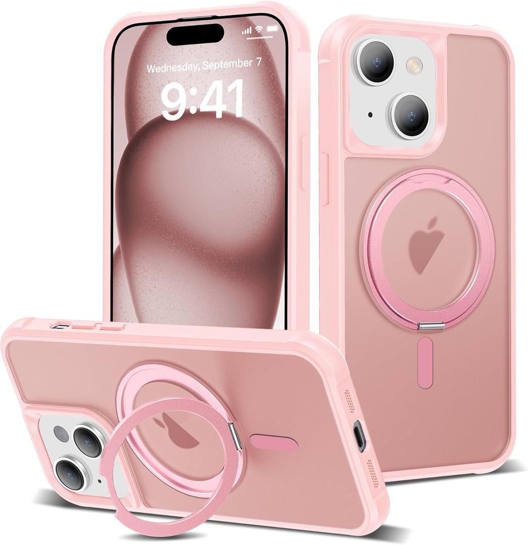 XIEWE for iPhone 15 Plus Case 6.7 Inches 360Rotatable Magnetic Ring Invisible Stand,[Compatible with Mag-Safe] Military Shockproof Frosted Translucent Case,Pink