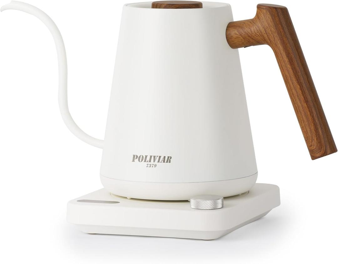 POLIVIAR Electric Gooseneck Kettle, 1350W Electric Tea Kettle Wood Pattern Handle, 34oz Pour Over Electric Kettle for Coffee & Tea, 18/8 Stainless Steel Inner, Temperature Control & Rapid Heating (White)
