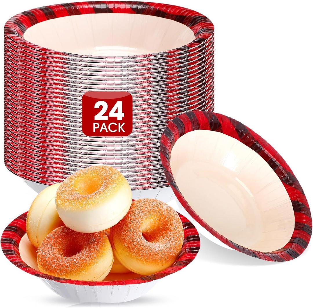 Jinei 24 Pcs Christmas Paper Bowls Bulk 7 Inch 16 oz Red and Black Buffalo Plaid Checkered Bowls Disposable Snack Dessert Salad Soup Serving Cups for Winter Holiday Xmas Party Favor Supplies