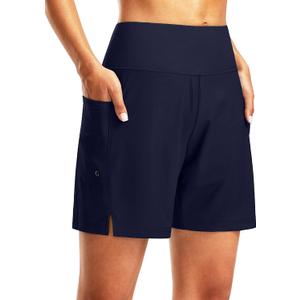 G Gradual Women's 7" Long Swim Board Shorts High Waisted Quick Dry Beach Swimming Shorts for Women with Liner Pockets (Navy)