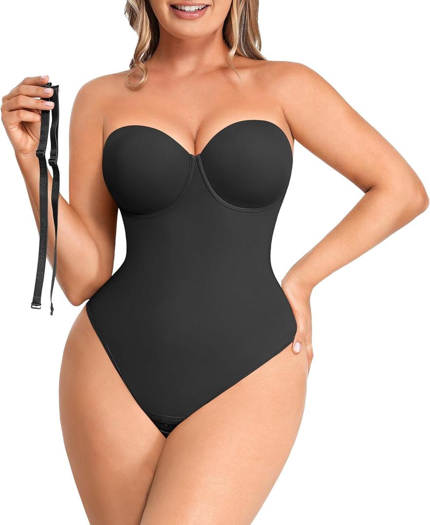 SHAPELLX Shapewear Bodysuit for Women Tummy Control Strapless Body Suit Faja Body Shaper Thong (Large, A1-black)