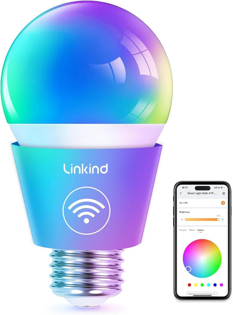 Linkind Smart Light Bulbs, WiFi Bulbs Work with Alexa & Google Home, RGBTW Color Changing Light Bulb with APP Control, 9W LED Smart Bulb Equivalent 60W, A19 E26 Alexa Light 2.4Ghz 800LM Dimmable