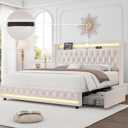 HIFIT King LED Bed Frame with Charging Station and 4 Storage Drawers, Velvet Upholstered Platform Bed with Handcrafted Crystal Button Wingback Headboard, Metal Frame with No Box Spring Needed, Beige (White)