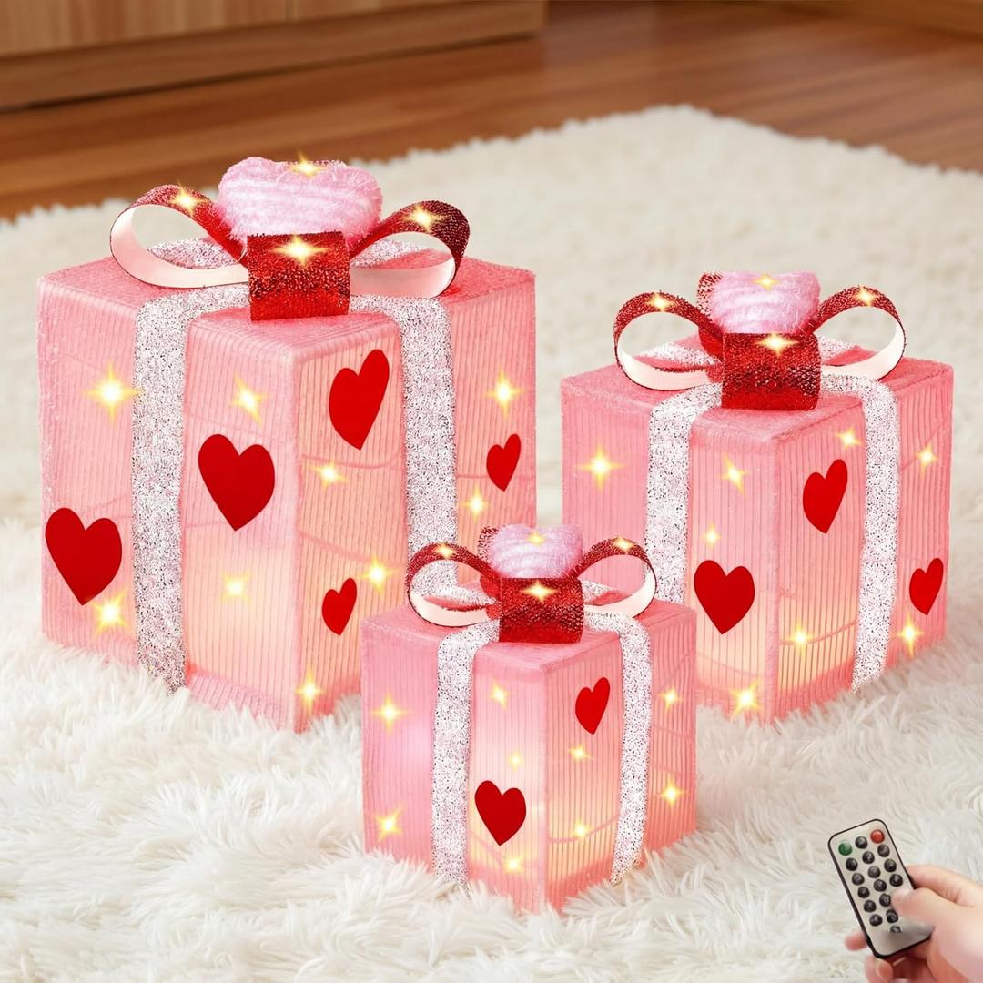3 Pcs Pink Valentine's Day Decorations Lighted Gift Boxes with Pink Hearts Silver Glitter Fabric 60 LED Battery Operated Present Box for Indoor Outdoor Holiday 6, 8, 10'' Square Boxes