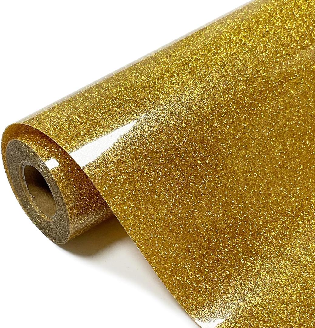 SCZENQI Glitter HTV Heat Transfer Vinyl Rolls- 10" x 8ft. Glitter HTV for Shirts. Iron on Vinyl and Heat Transfer Vinyl for All Cutters Machines. Easy to Cut & Weed Heat Vinyl Designs (Gold)