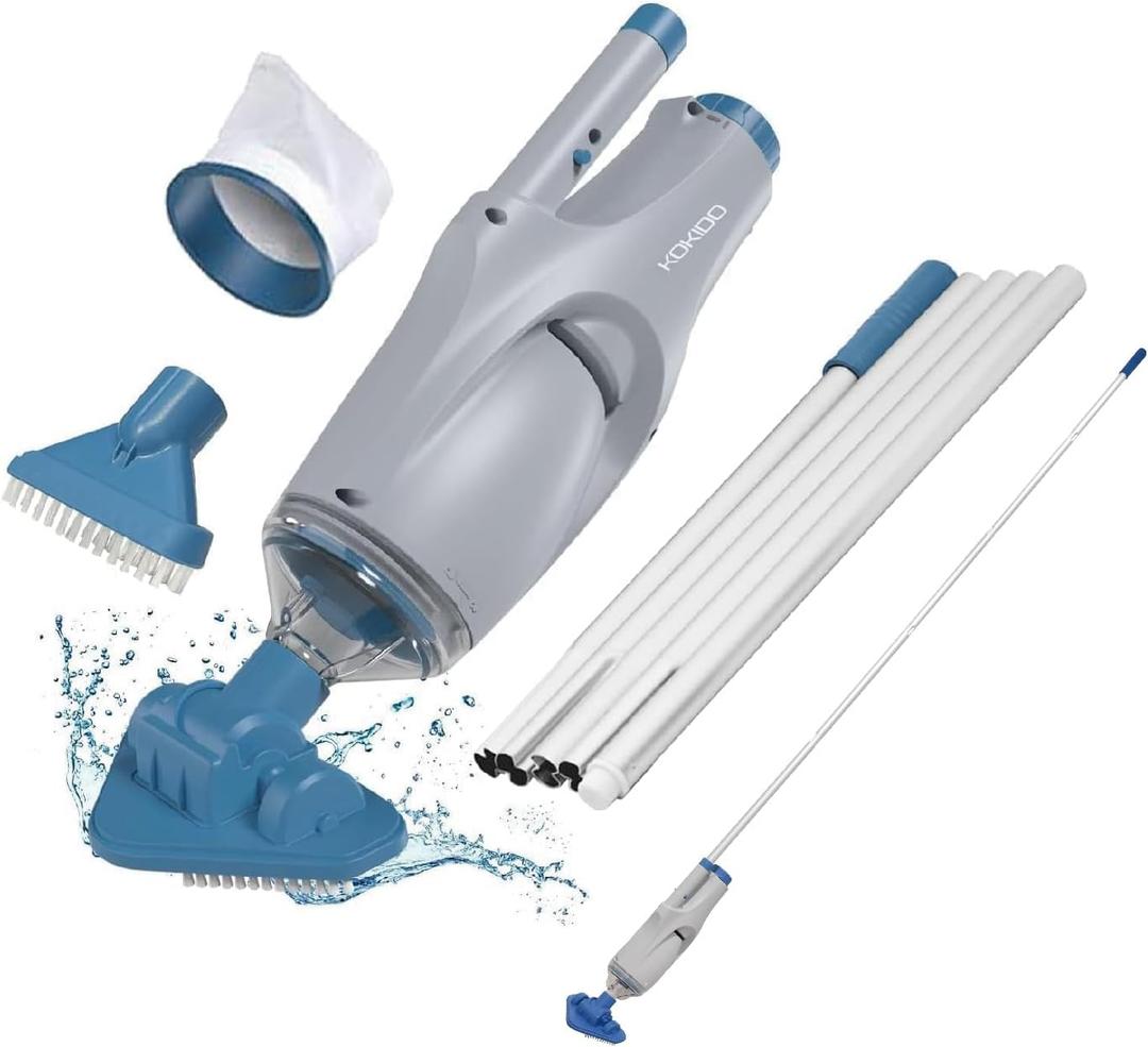 KOKIDO (2025) Rechargeable Handheld Pool Vacuum, Aluminum Pole and 2 Brush Heads, 10GPM flowrate Ideal for Pools up to 20ft, Cordless 60 mins Spot Cleaning, Above Ground Pool, Hot Tub & Spa XV110
