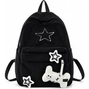 Y2K Star Corduroy Backpack for Teens - Cute Aesthetic Laptop Bookbag for School, College, Travel (Black, Fits 15.6"), Medium