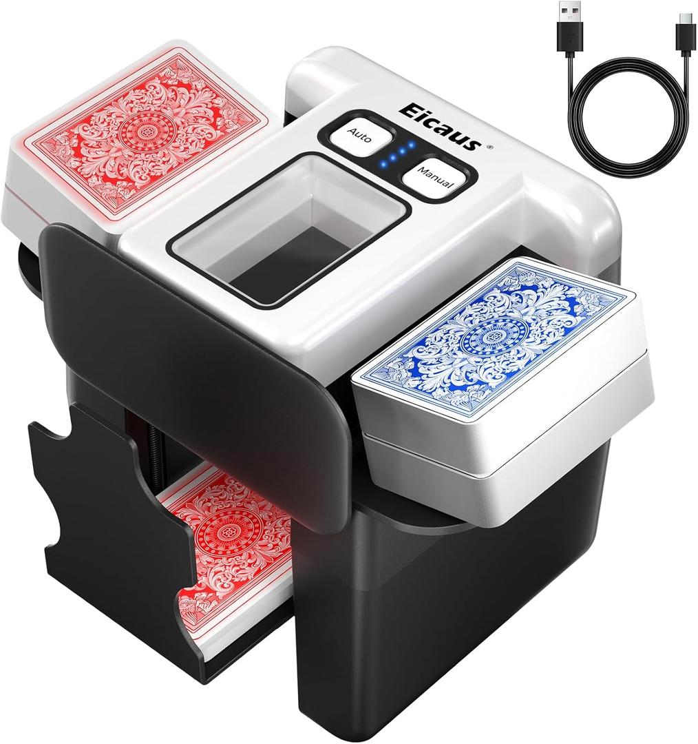 Eicaus Automatic Card Shuffler 1-4 Deck - Rechargeable 2500mAh Electric Card Shuffling Machine for Seniors & Family Game Night - Portable & Fast Shuffler for UNO, Poker, Blackjack, Phase 10 & Skip-Bo (Black and White)