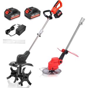 21V Cordless 2-in-1 Tiller & Weed Whacker Combo | 12"x9" Rototiller, 4x4 Blades & 8" Trimmer - 221v Battery, 360 RPM for Gardening, Garden Tiller, Electric Tiller, Cultivators for Gardening