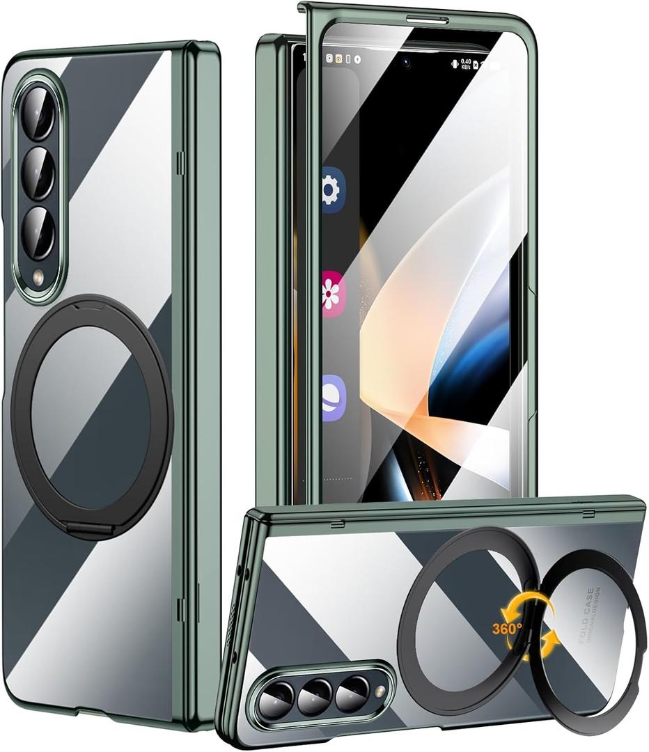 for Samsung Galaxy Z Fold 4 Non-Yellowing Case [Compatible with MagSafe] 360 Rotatable Ring Stand, Electroplated & Hinge Protection & Screen Protector, Magnetic Slim Clear Phone Case, Green