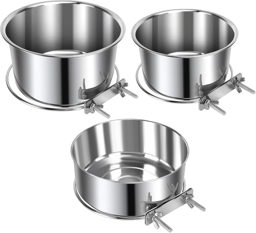 3 Pcs Large Pet Dog Food Water Bowl for Cage Stainless Steel Kennel Hanging Cats Pets Bowls with Clamp Holder Crate Feeder Dish for Medium Large Dogs (7.1x3.5'' & 6.3x2.6'' & 5.5x3.1'') (Silver)