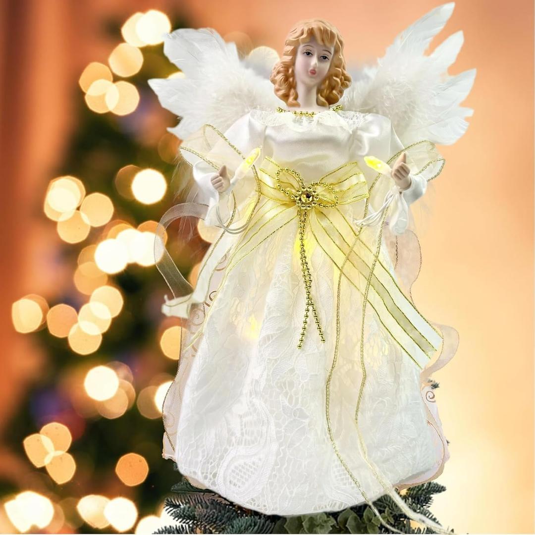 Angel Tree Topper with LED Light, 14" Angel Treetop Figurine with Dress, Feather Wings, and 10 Lights for Indoor and Outdoor Holiday Decoration, Xmas Home Ornaments-Ivory and Gold