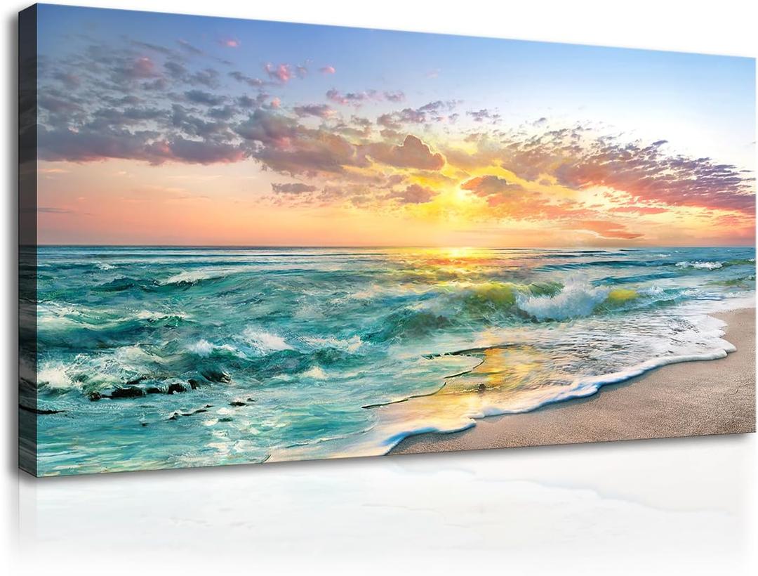 Beach Ocean Wall Art Pictures for Living Room - Canvas Print Wall Art Beach Sunset Ocean Waves Nature Pictures Framed for Bedroom Farmhouse Office Wall Dcoration Teal Blue 40"x20"