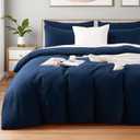 NEXHOME PRO Queen Duvet Cover Set, 100% Certified Organic Cotton with Washed Feel & Linen-Like Texture, Comfortable & Breathable, Home Bedding Set Navy (No Comforter)