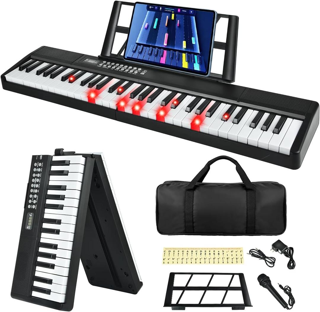 61 Key Keyboard Piano, Semi Weighted Electric Piano, Lighted Keys,8H Battery Life, USB-MIDI Keyboard -Includes Music Stand, Microphone, Stickers, Bag, Foldable Keyboard Piano for Kids/Beginners