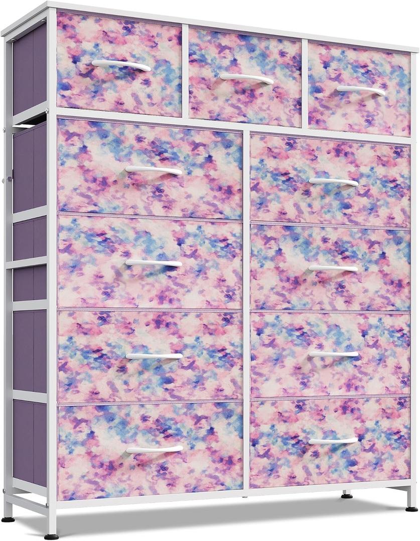 WLIVE Tall Dresser for Bedroom, 11 Drawer Chest of Drawers, Tie-dye Purple Print, 11.73"D x 35.63"W x 42.24"H