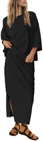 SENSERISE Women's 2 Piece Outfits Oversized Top and Maxi Skirt Set Summer Matching Sets Travel Vacation Outfits, Size M, Black