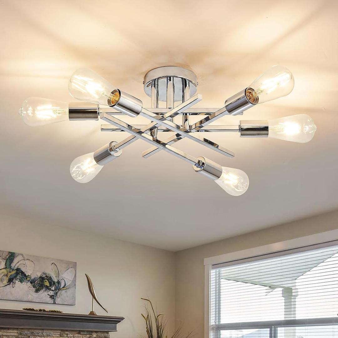 ASGYISA 6-Lights Semi Flush Mount Ceiling Light Fixture Modern Chrome Matte Sputnik Chandelier Farmhouse Ceiling Lighting for Kitchen Bedroom Dining Room Living Room