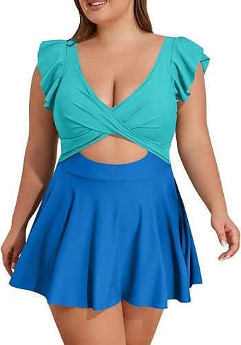 B2prity Women's Plus Size Swimsuit Tummy Control One Piece Swimdress Ruffle V Neck Cutout Wrap Bathing Suit with Skirt (2XL)