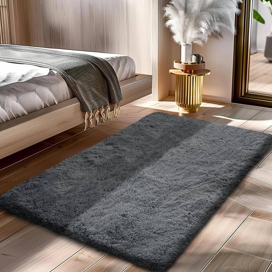 Fluffy Rug Shag Area Rug, Grey 2x4 Area Rugs for Bedroom, Small Bedside Rug, Soft Fluffy Shag Entryway Throw Rugs for Living Room Bedroom Kids Room Home Decor