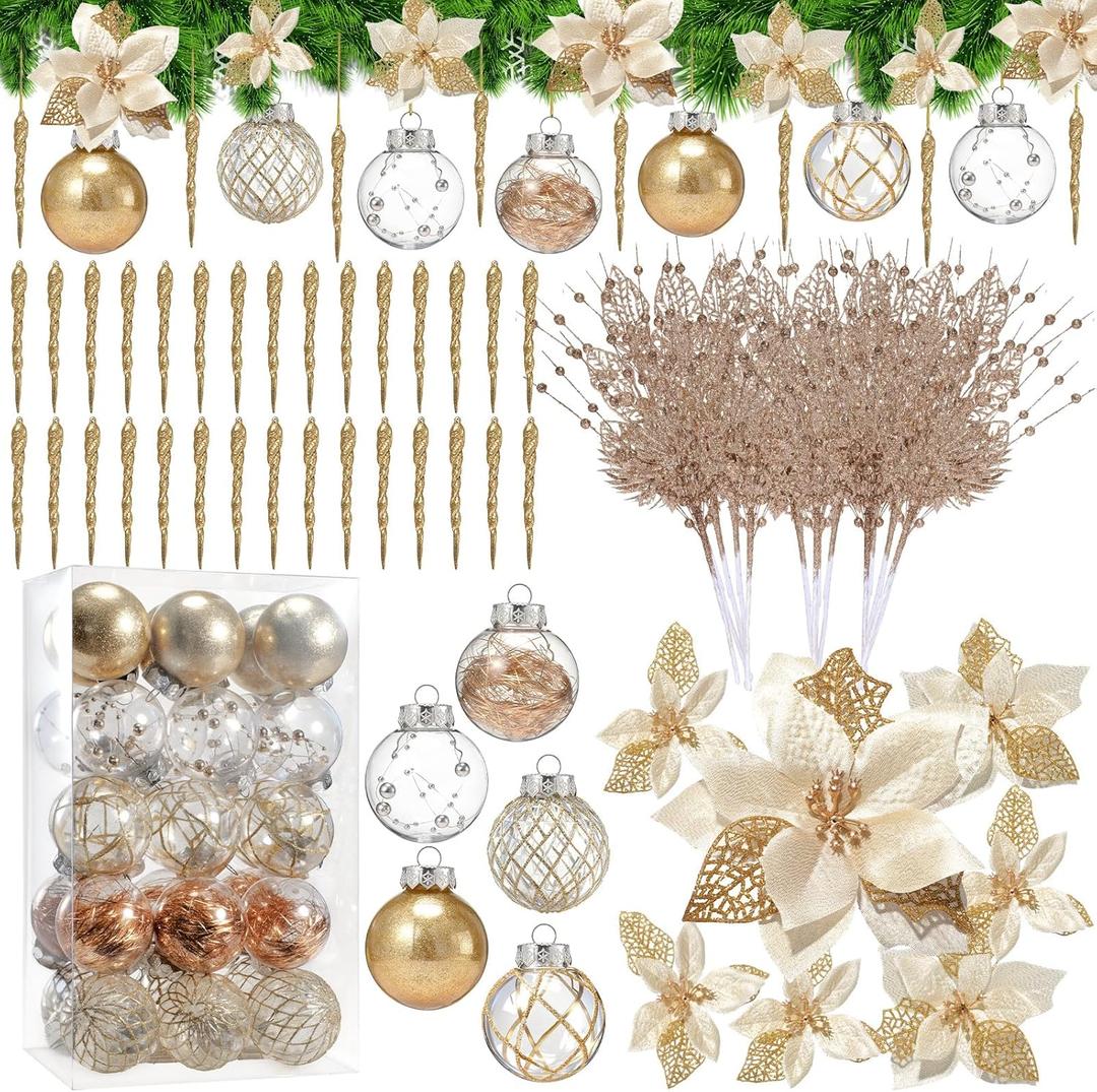 124 Pcs Christmas Tree Ornament Set Assortment Christmas Shatterproof Champagne Balls Poinsettia Glitter Flowers Artificial Berry Stem Branches and Gold Icicle for Xmas Hanging Decorations