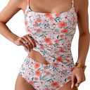 Eomenie Women's Swimsuit Tankini Tummy Control Bathing Suits Two Piece Full Coverage Slim Swim Suits with High Waisted Bottom, Orange Floral Printed Large