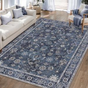Wonnitar Vintage Floral Rugs for Living Room, Washable 8x10 Area Rugs, Low Pile Non Shedding Stain Resistant Rugs for Bedroom Dining Room Home Office Department,(Blue,8x10)
