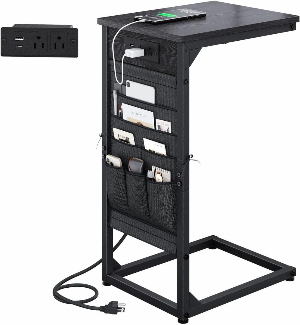 C-Shaped End Table with Fast-Charging Station, Small Couch Side Table with Storage Bag, Sofa TV Tray Table for Living Room, Bedroom, Bedside ET-BK-1