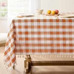 Softalker Fall Checkered Tablecloth Square, Heavy Weight Linen Cotton Gingham Thanksgiving Orange Table Cloth with Tassel, Wrinkle Free Buffalo Plaid Table Cover for Dining Party- 55 x 55 Inch