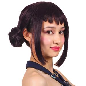 FantaLook Short Black Purple Cosplay Wig with 2 Buns for Halloween Party Costume