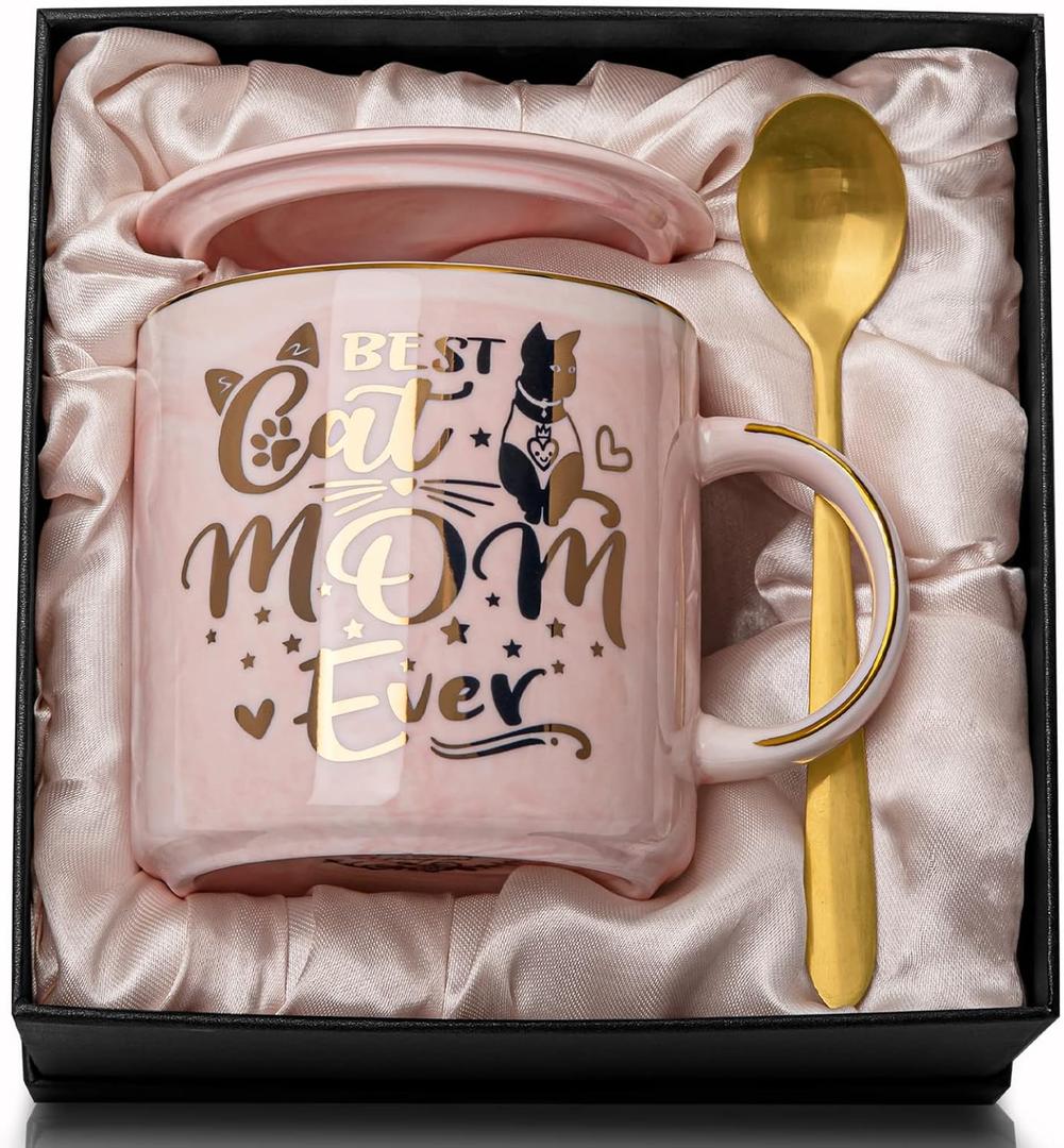 Cat Mom Gifts for Women, Cat Gifts for Cat Lovers - Best Cat Mom Ever - 14oz Pink Ceramic Marble Gold Pattern Coffee Mug with Gift Box, Christmas gifts for Crazy Cat Lady, Mom Wife Daughter Friends